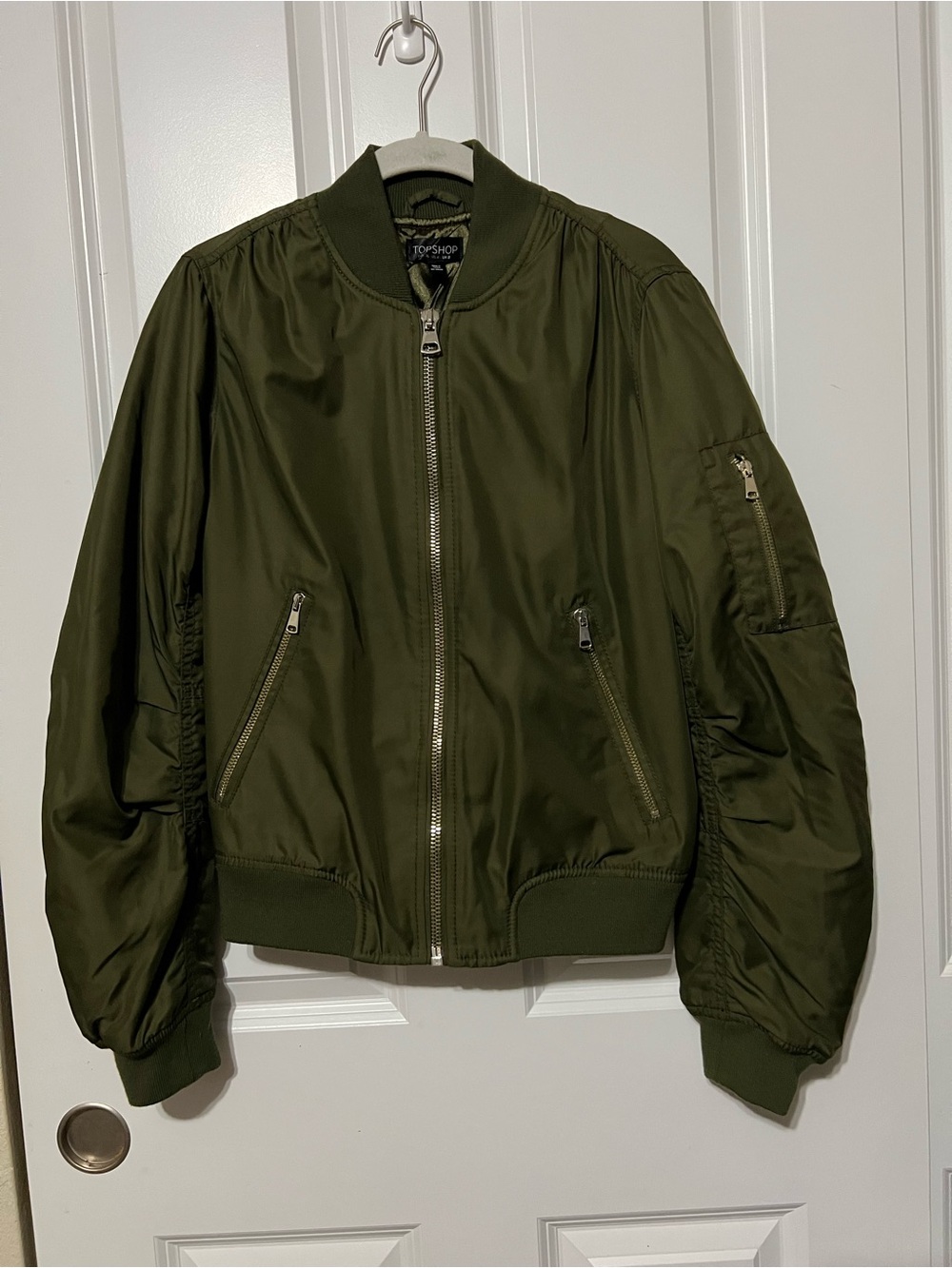 Topshop Olive Green Classic Bomber Jacket Size US 4 / EUR 36 Like New